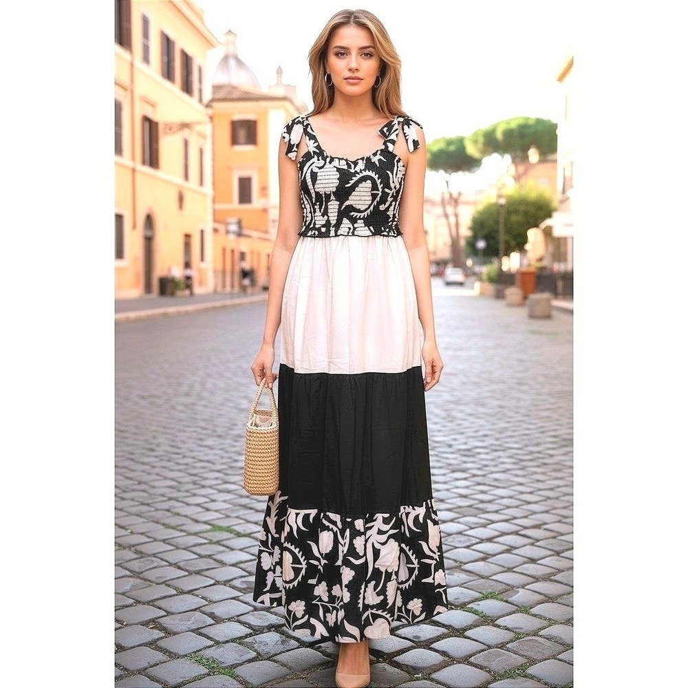 100% Cotton‎ Maxi Dress Size (S) - Summer Tiered Smocked Bow Tie Black & Cream
